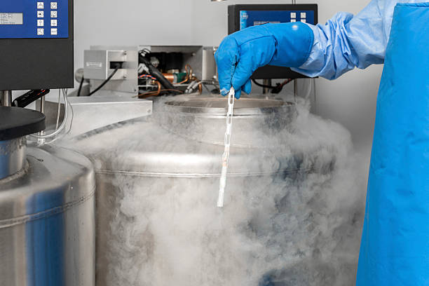 Embryologist in blue gloves using liquid nitrogen for cryopreservation of embryo